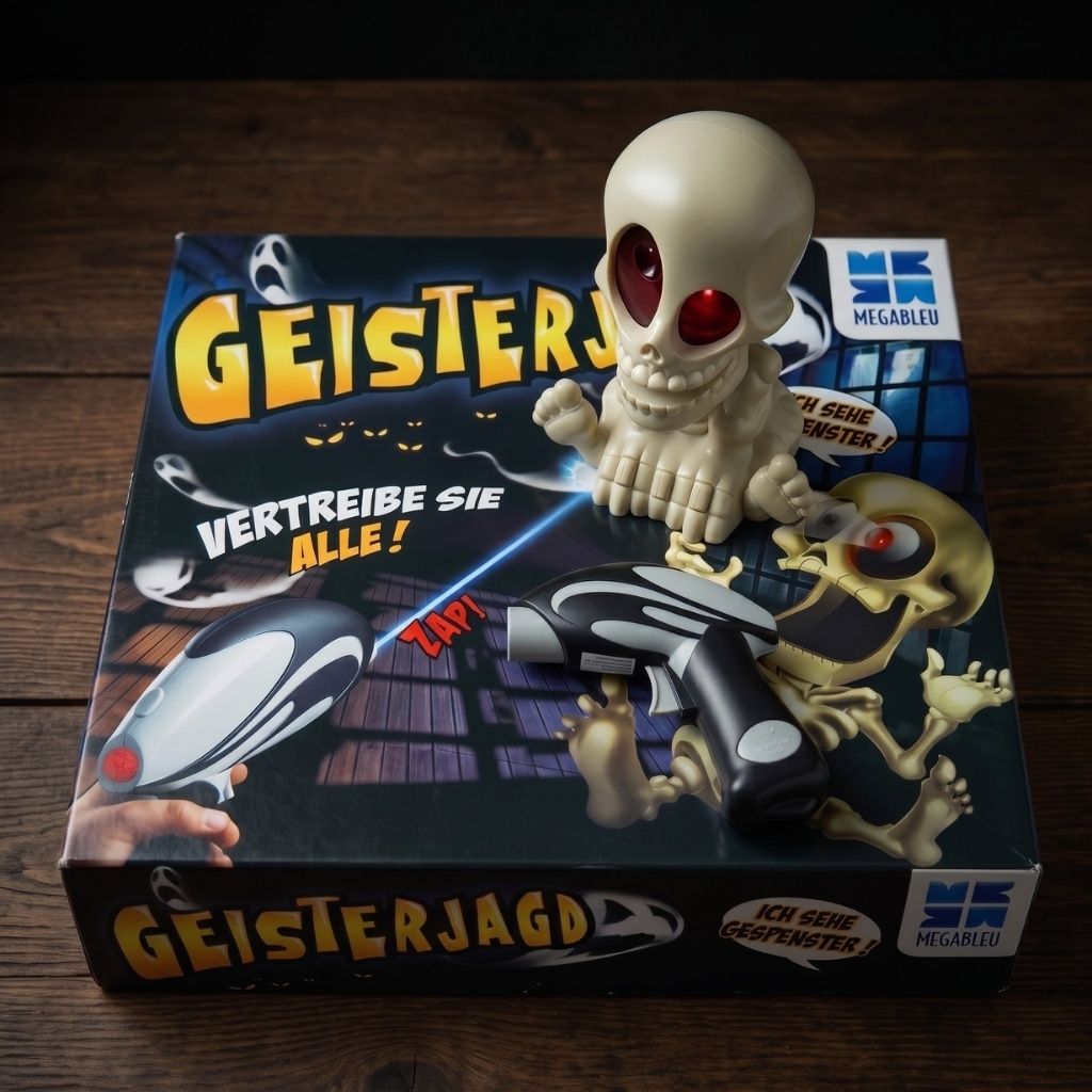 Geisterjagd Megableu Originalspiel Schachtel mit Skelett Projektor und Spielzeugpistole Vorher Zustand
