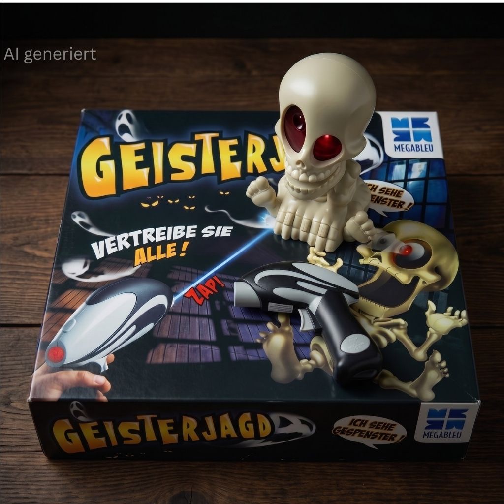 Geisterjagd Megableu Originalspiel Schachtel mit Skelett Projektor und Spielzeugpistole Vorher Zustand