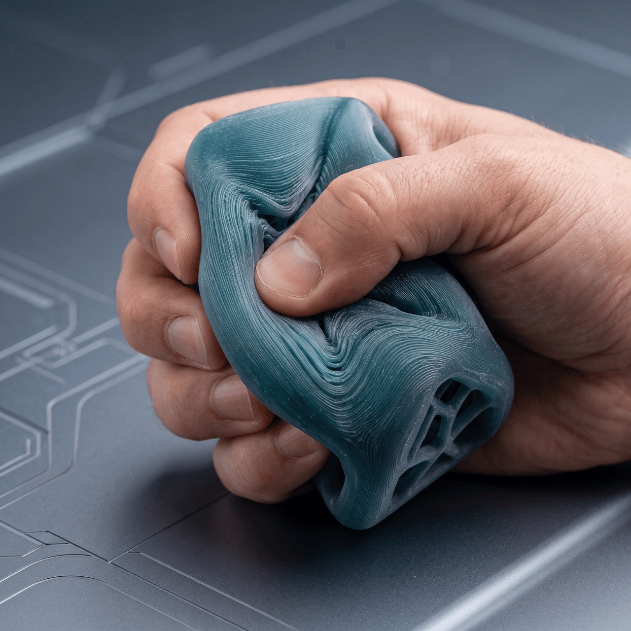 Flexible and squishy TPU printed model showcasing its elastomeric properties